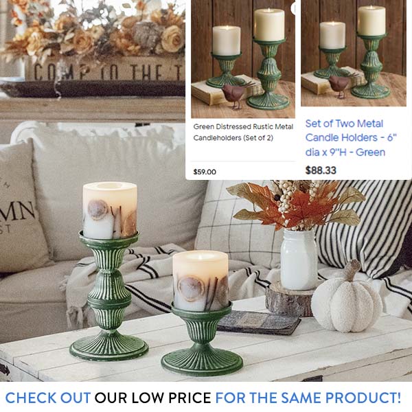 Distressed Antique Green Metal Candle Holders, Set of 2
