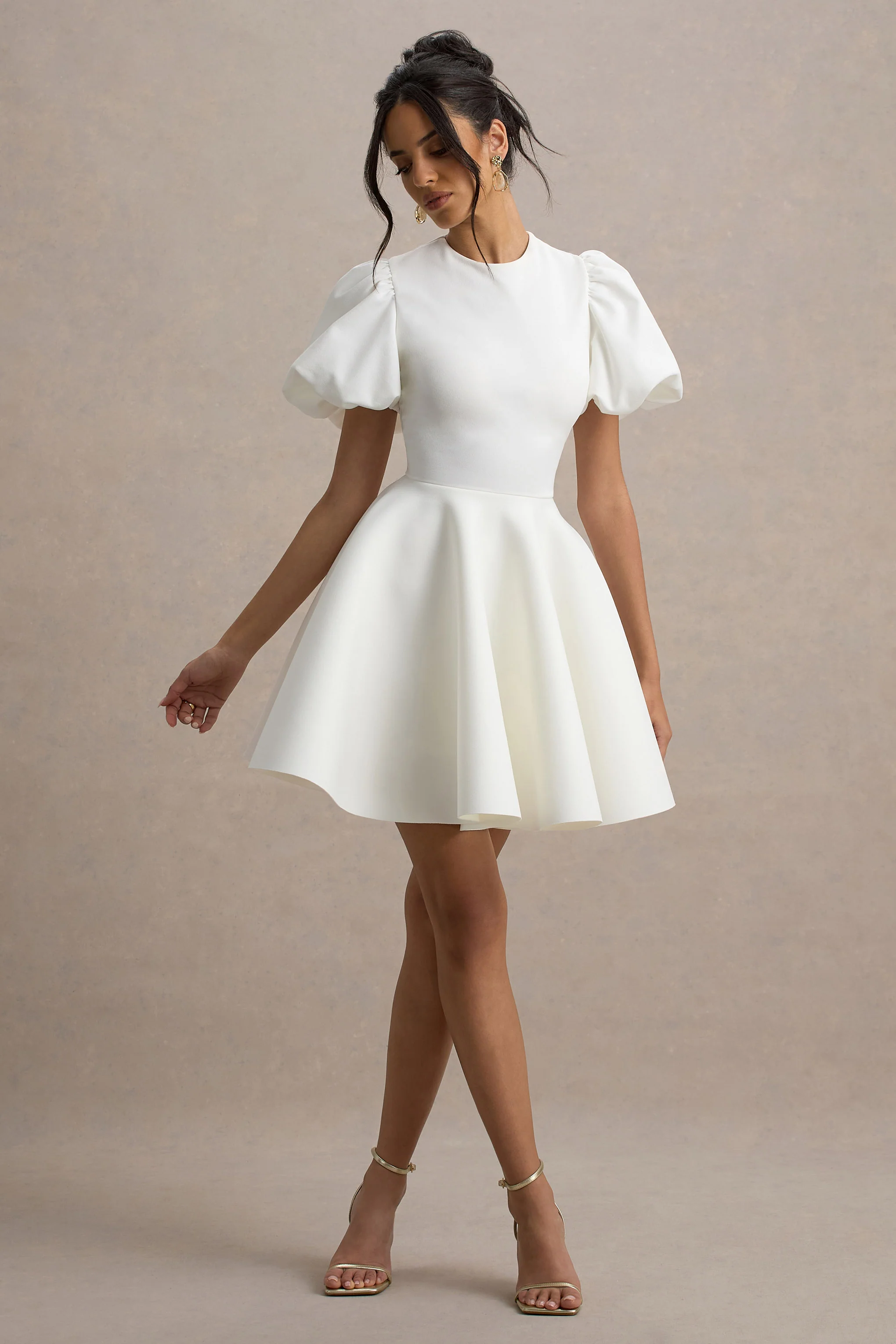 Emelia | White Puff-Sleeve Skater Dress