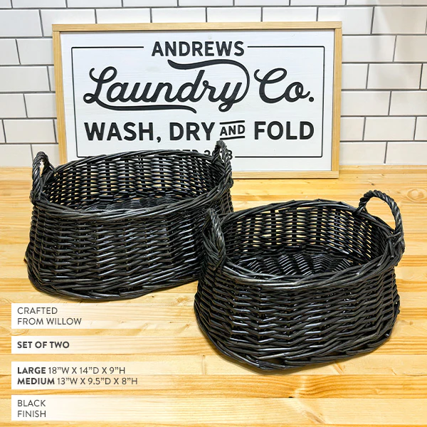 Black Rattan Storage Baskets, Set of Two