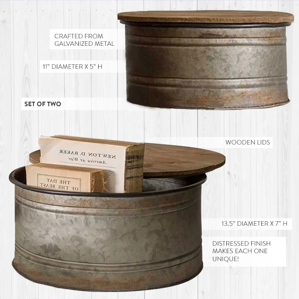 Galvanized Metal Display Bins with Lids, Set of 2