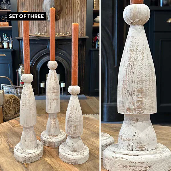 Wooden Spindle Taper Candle Holders, Set of 3