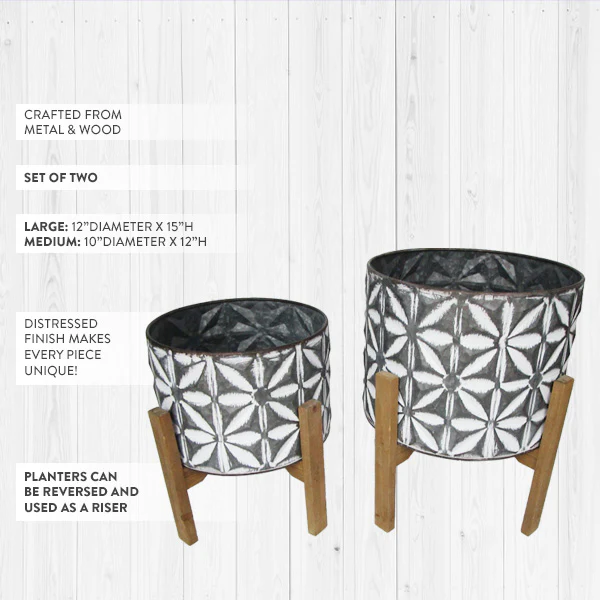 Metal Planters | Embossed Set of 2 with Stands