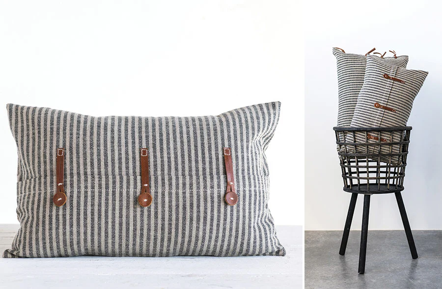 20 Inch Striped Pillow with Leather Detail
