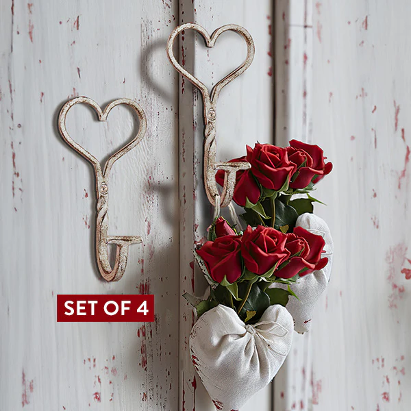 Aged Cast Iron Heart Hooks, Set of 4