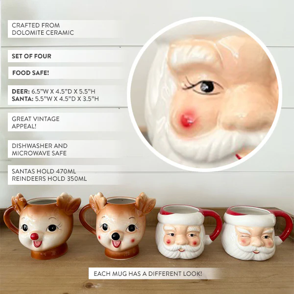Santa and Reindeer Mugs, Set of 4