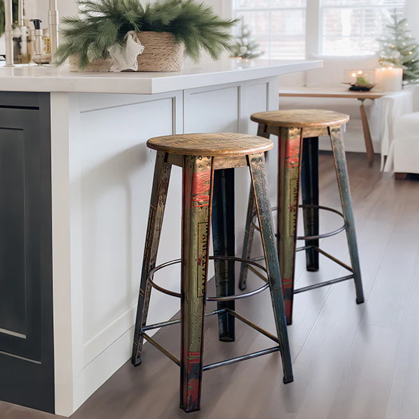 Recycled Metal Bar Stool with Wooden Top