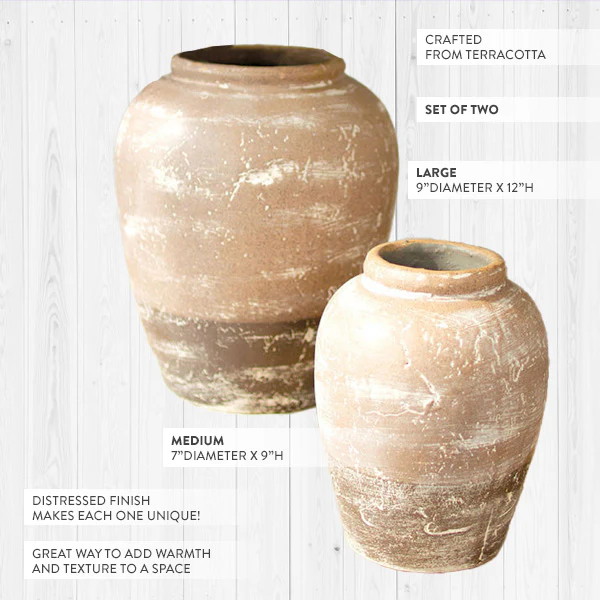 Textured Large Terracotta Vases, Set of 2