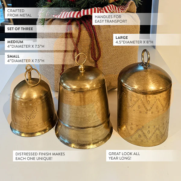 Antique Brass Finish Christmas Bells, Set of 3