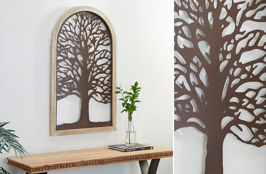 Wooden Framed Metal Tree Wall Decor