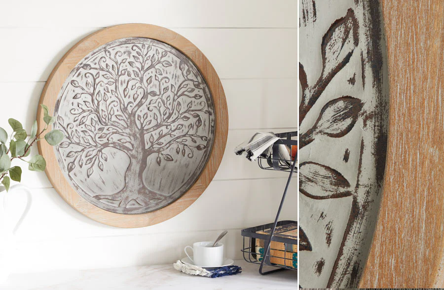 Wooden Framed Embossed Metal Wall Medallion