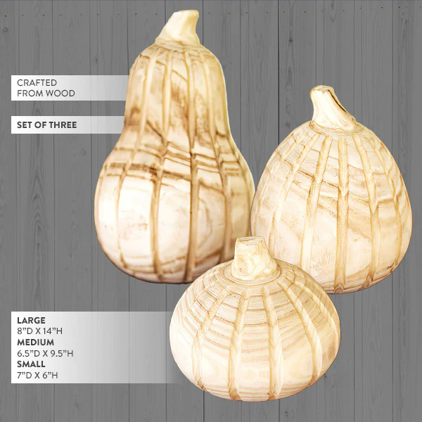 Natural Carved Wood Pumpkins, Set of Three