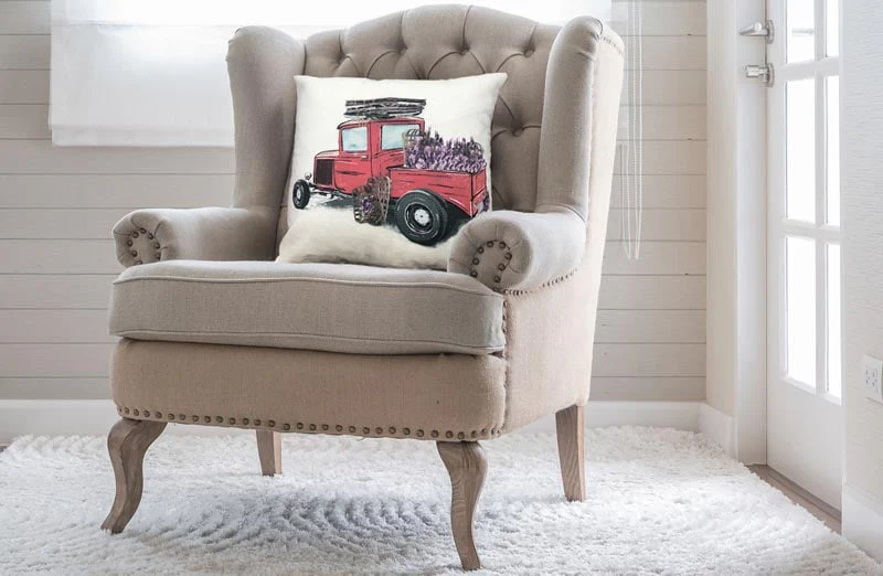 Double Sided Feedsack Red Truck Pillow