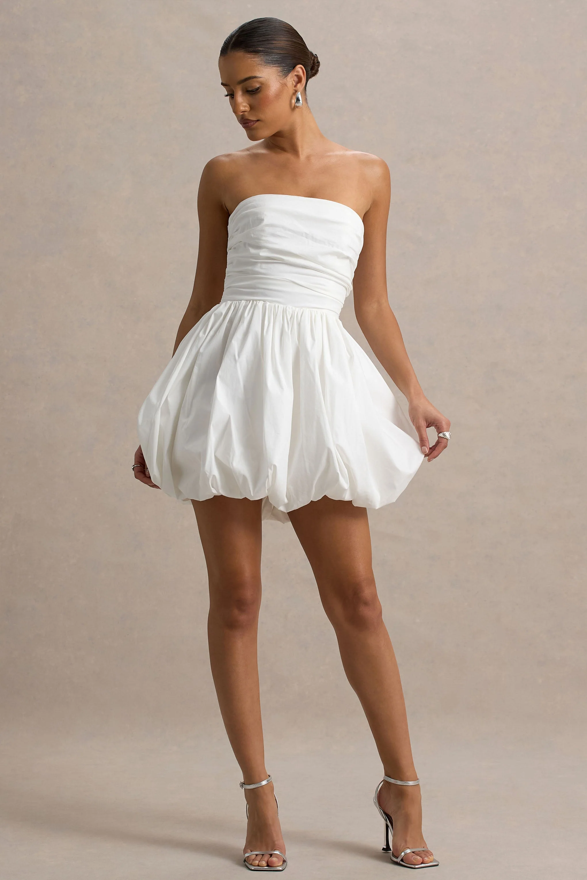 Faye | White Puff Ball Bandeau Micro Mini Dress With Ruching Details