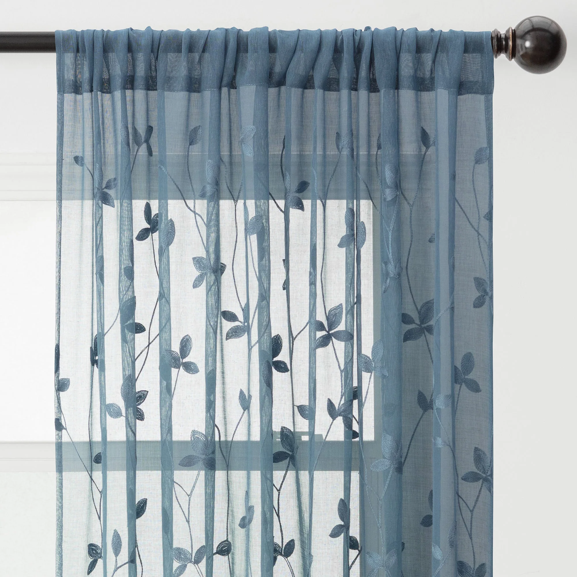 Embroidered Vine Sheer Rod Pocket Curtains