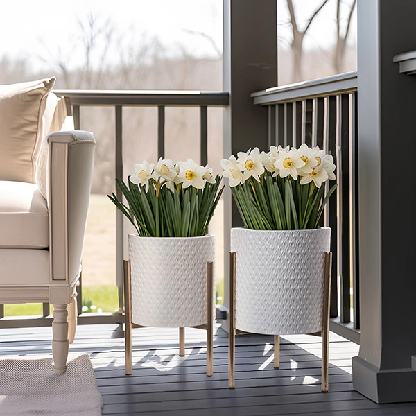 Embossed White Planter with Brass Finish Stands, Set of 2