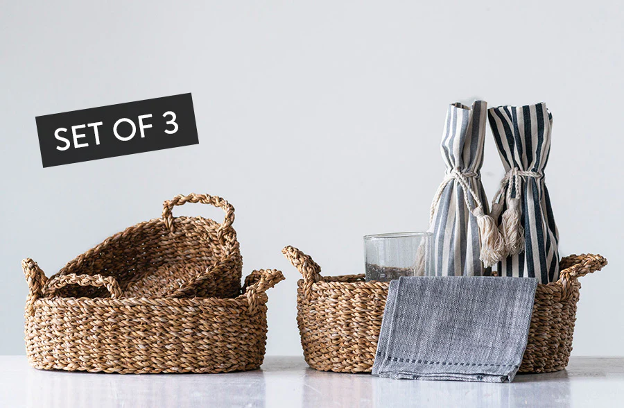 Woven Seagrass Baskets with Handles, Set of 3