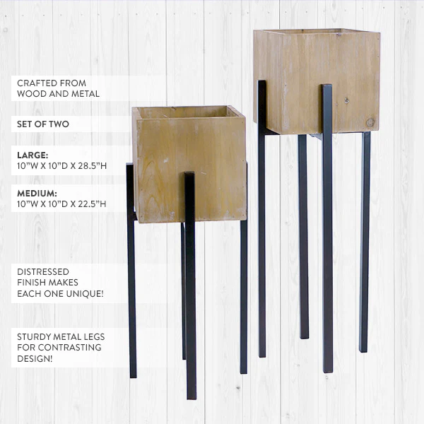 Wooden Cube Planters on Stands, Set of 2