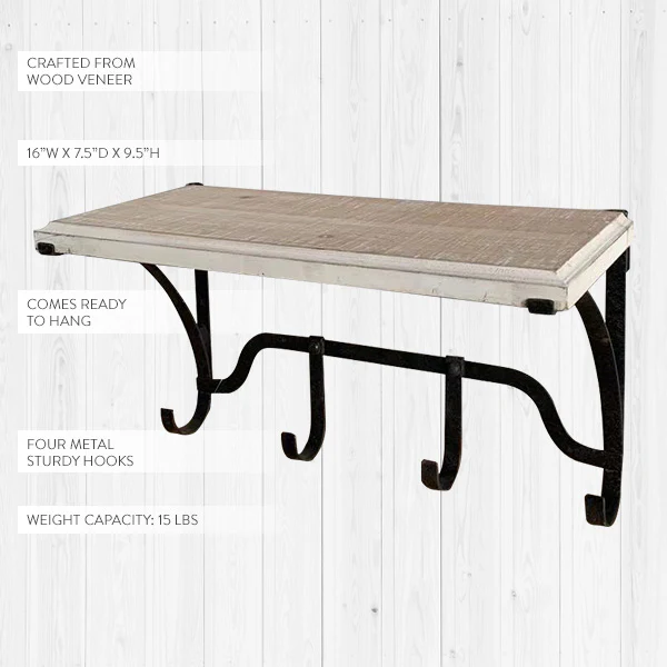Open Floating Shelving with Hooks, Pick Your Size