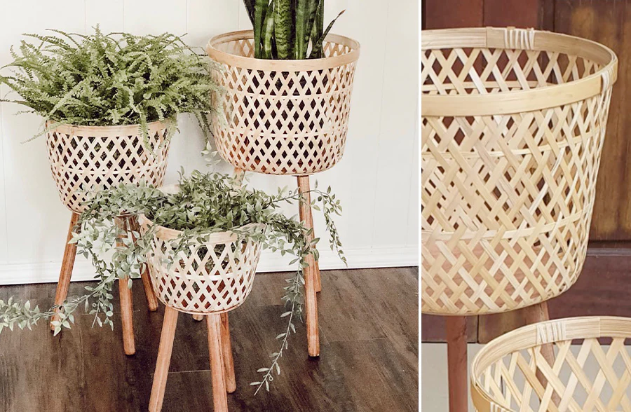 Woven Bamboo Baskets on Stand, Set of 3