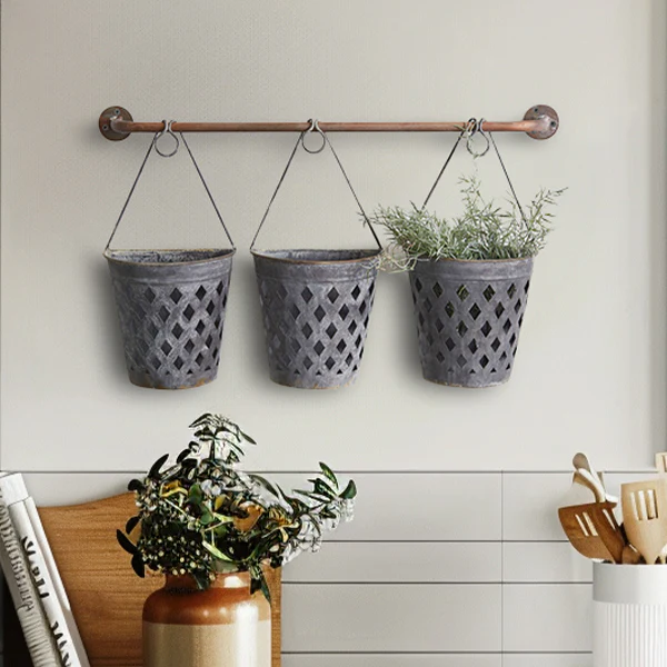 Half Round Open Weave Metal Wall Buckets, Set of Three