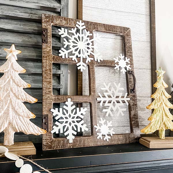 Snowflake Adorned Distressed Wooden Window Frame