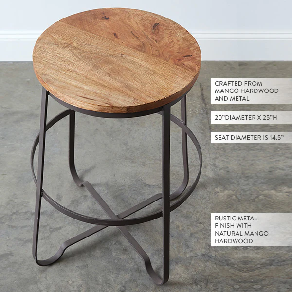 Rustic Hardwood and Metal Bar Stool
