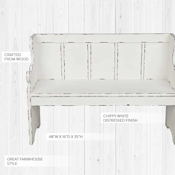 Distressed Ivory Pew Bench