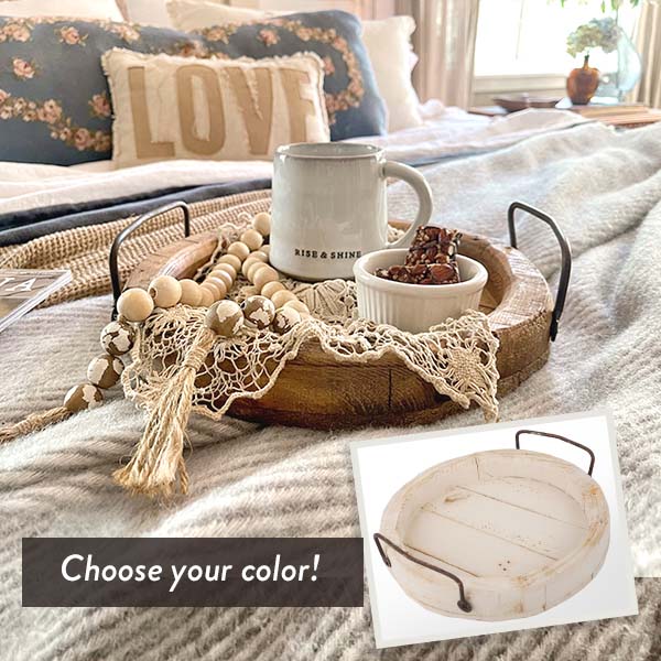 Handmade Round Wooden Serving Tray with Handles, Choose Your Color