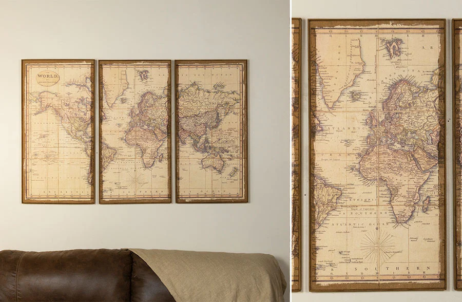 Three Piece Vintage World Map