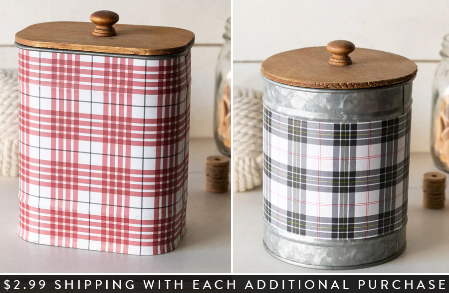 Metal Plaid Canister with Wooden Lid, Pick Your Style