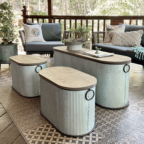Nestable Galvanized Metal Storage Bench, Set of Three