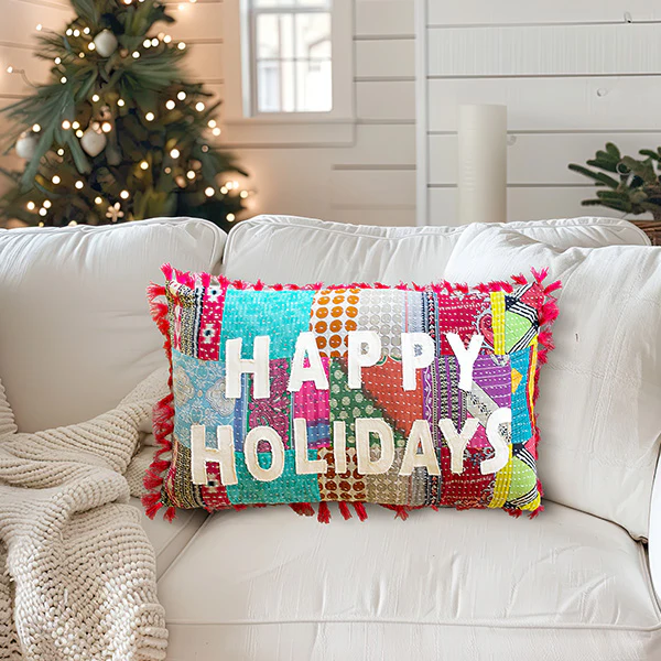 Happy Holidays Kantha Pillow