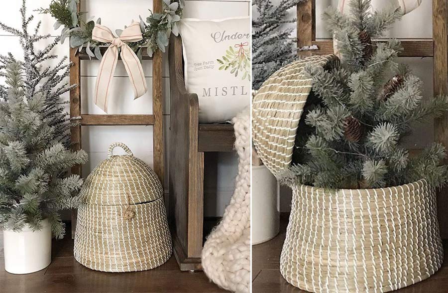 Bee Hive Inspired Woven Basket with Hinged Lid