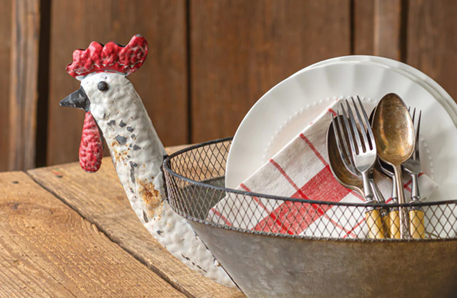 Galvanized Rooster Bowl with Chicken Wire