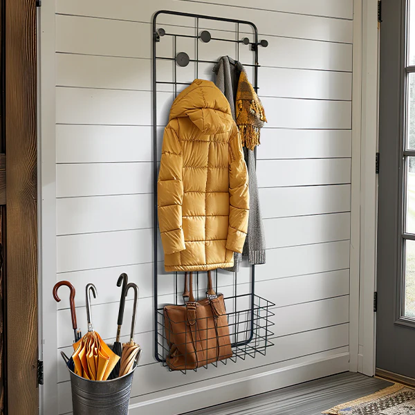 Wall Mounted Metal Coat Rack with Basket