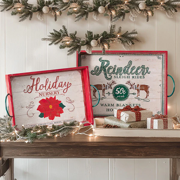 Vintage Inspired Wood Holiday Serving Trays with Handles, Set of Two