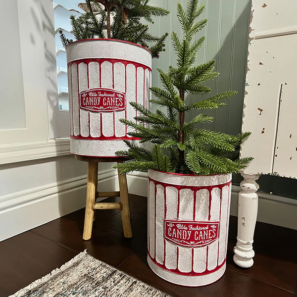 Candy Canes Vintage Metal Planters, Set of 2