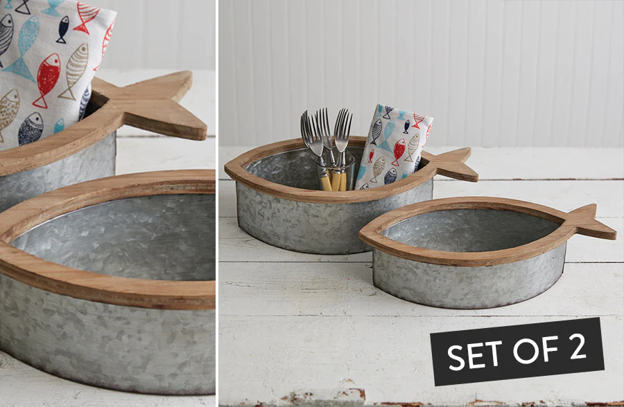 Wooden and Galvanized Fish Bins, Set of 2