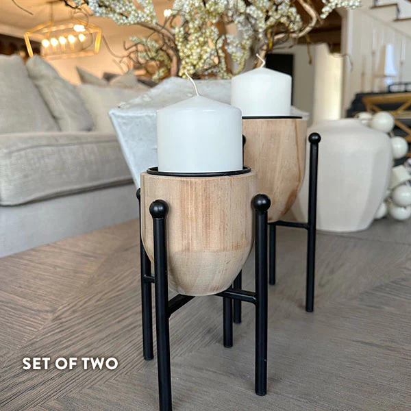 Wooden Maya Candle Stands, Set of 2