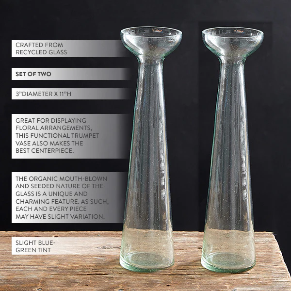 Recycled Glass Trumpet Vases,  Set of 2