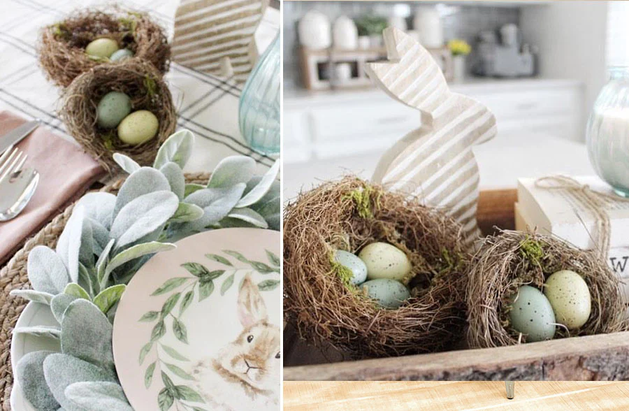 Twig Nest With Pastel Speckled Eggs, Set of Two