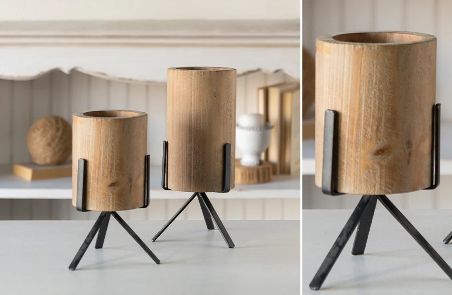 Natural Wood Vases with Stands, Set of 2