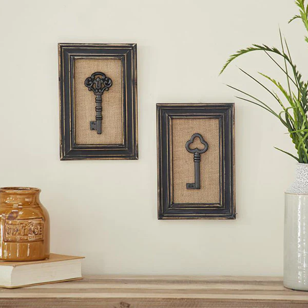 Wooden Framed Antique-Inspired Keys, Set of 2