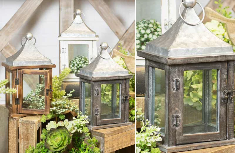 Hanging Wood and Metal Lanterns  Set of 3