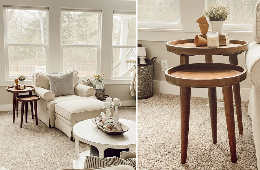 Brown Wooden Tri Leg Contemporary Accent Table, Set of 2