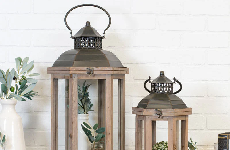 Cottage Wooden Floor Lanterns  Set of 2