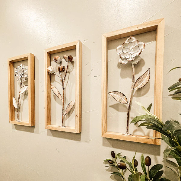 Wood Framed 3D Floral Metal Wall Art, Set of 3